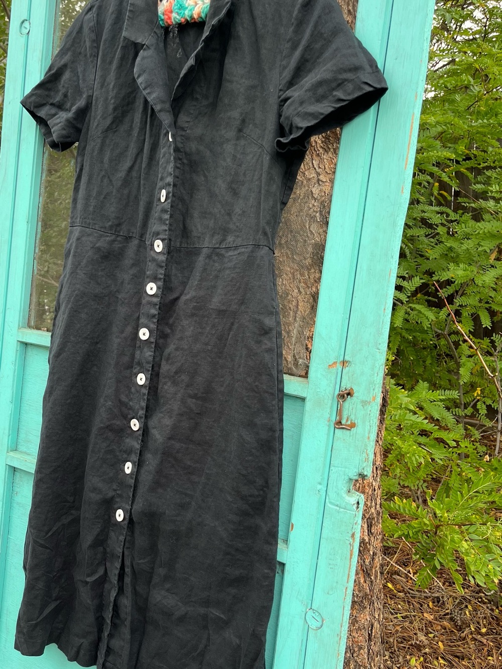 Quince 100% Black Button up Linen Dress with pockets and short sleeves